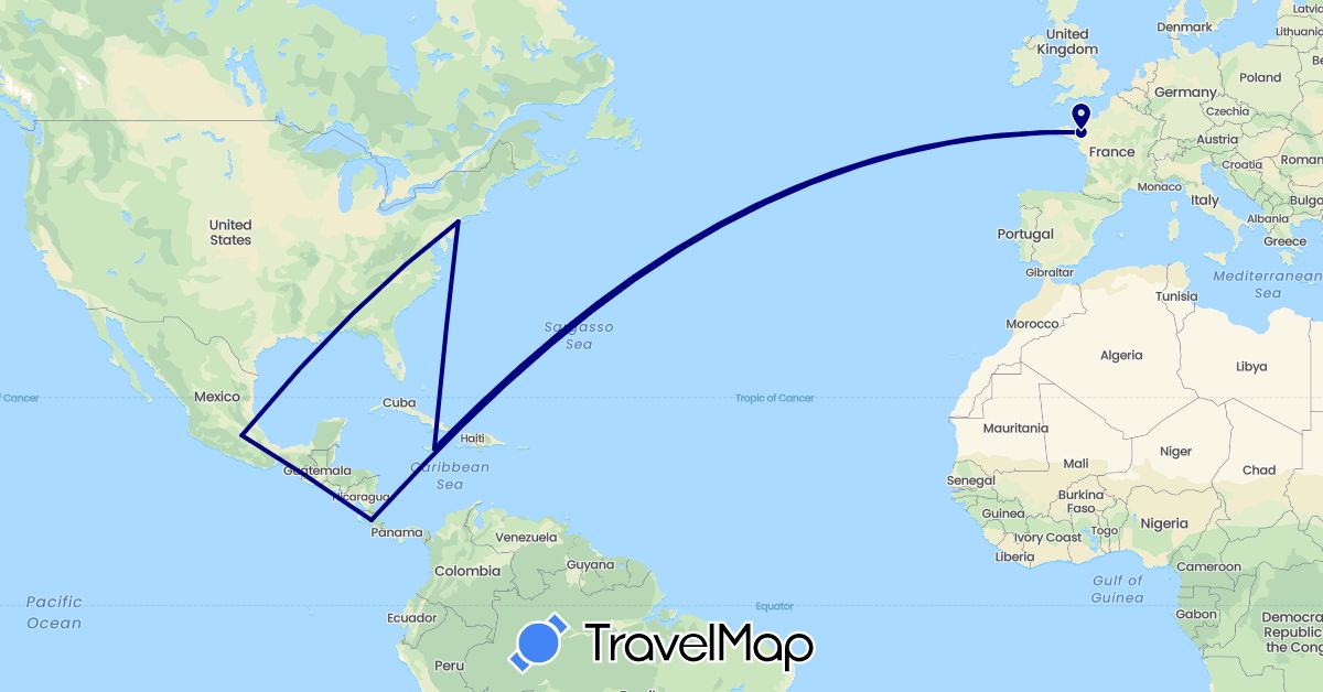 TravelMap itinerary: driving in Costa Rica, France, Jamaica, Mexico, United States (Europe, North America)
